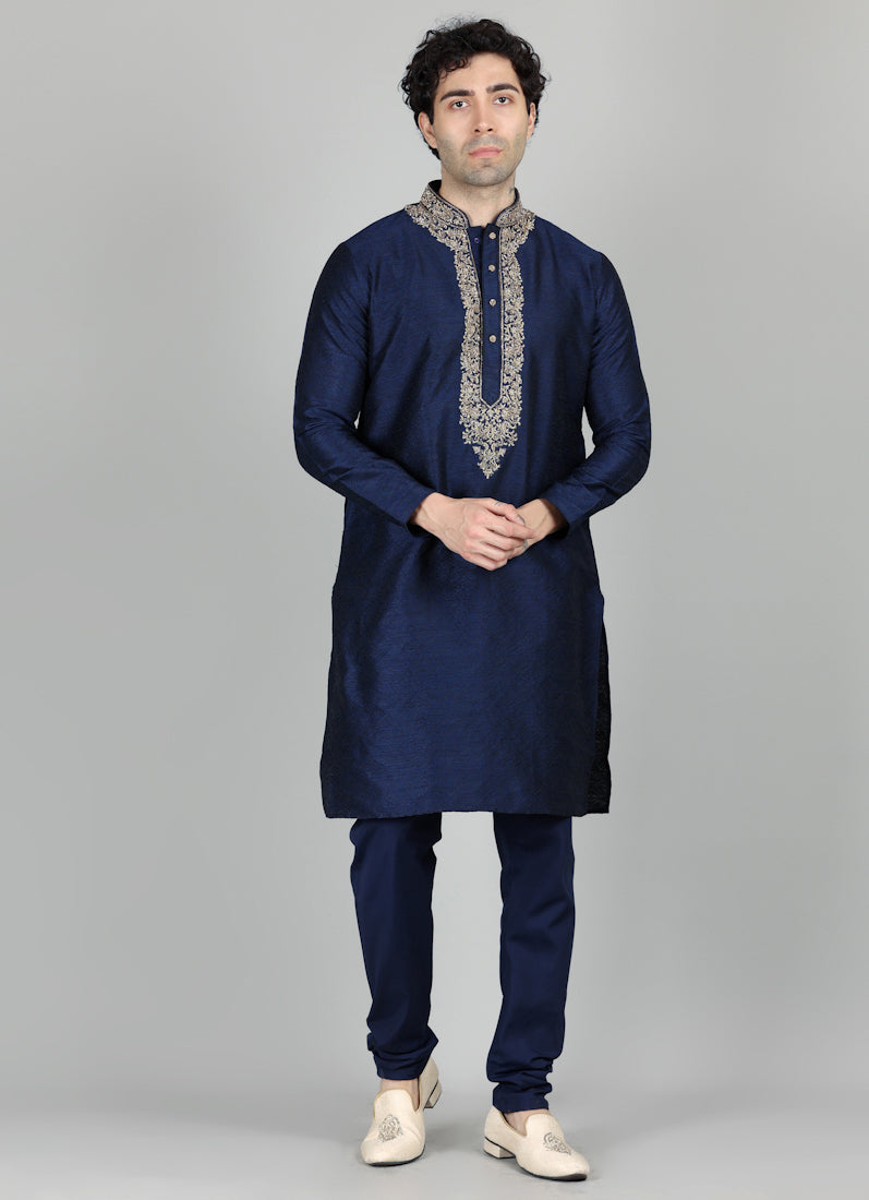 Men's Navy Blue Jacquard Gold Embroidered Set