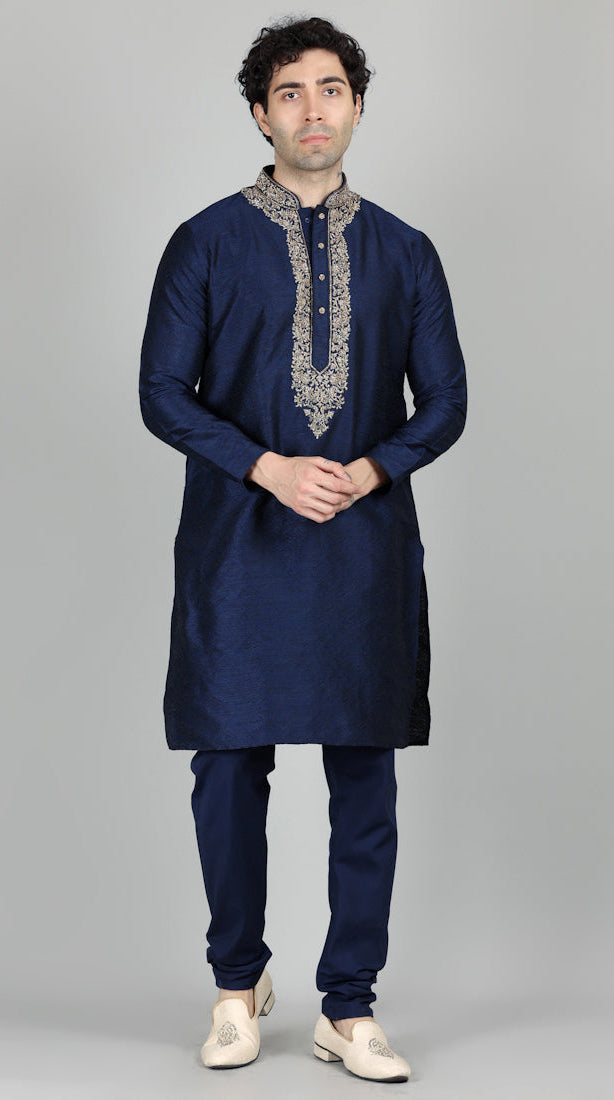 Men's Navy Blue Jacquard Gold Embroidered Set