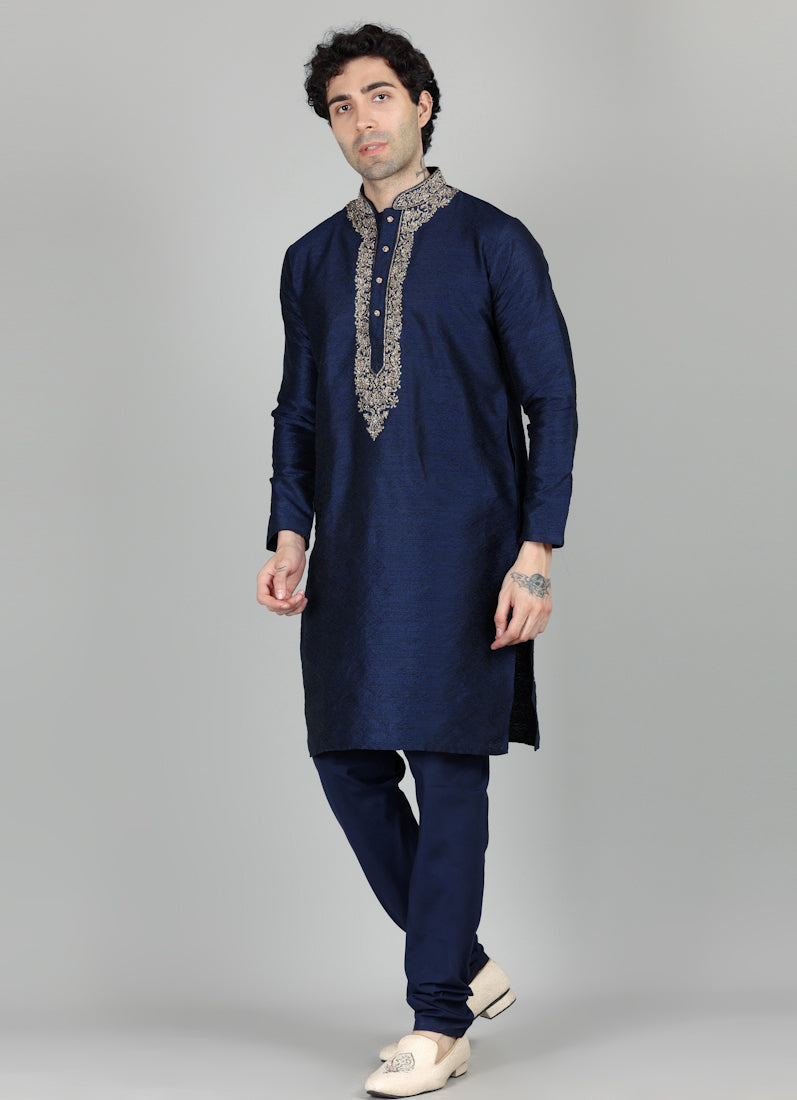 Men's Navy Blue Jacquard Gold Embroidered Set