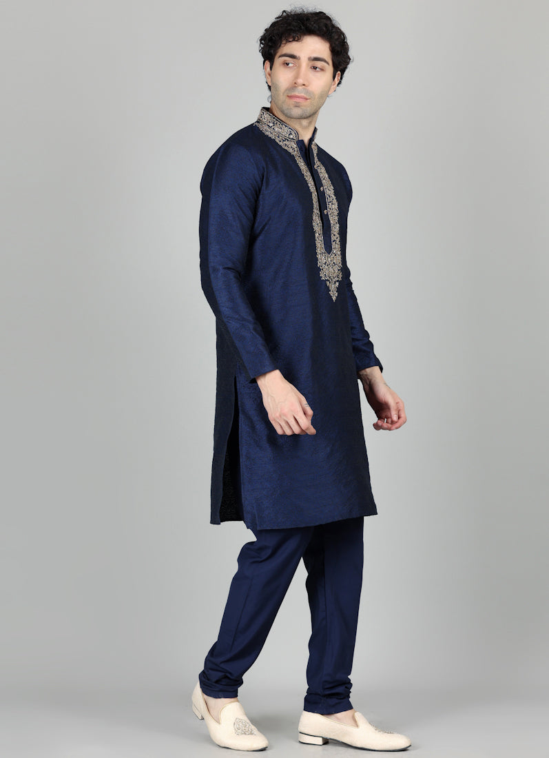 Men's Navy Blue Jacquard Gold Embroidered Set