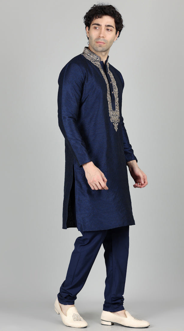 Men's Navy Blue Jacquard Gold Embroidered Set
