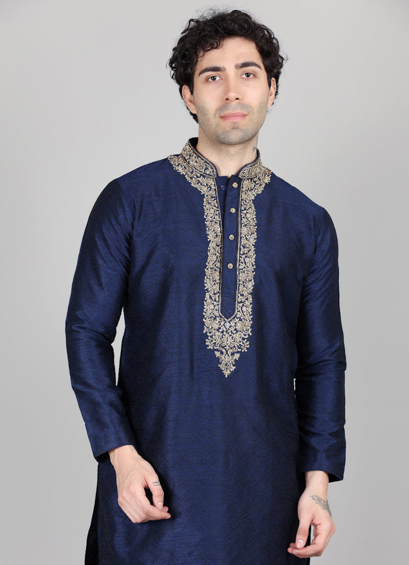 Men's Navy Blue Jacquard Gold Embroidered Set