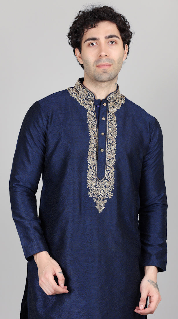 Men's Navy Blue Jacquard Gold Embroidered Set