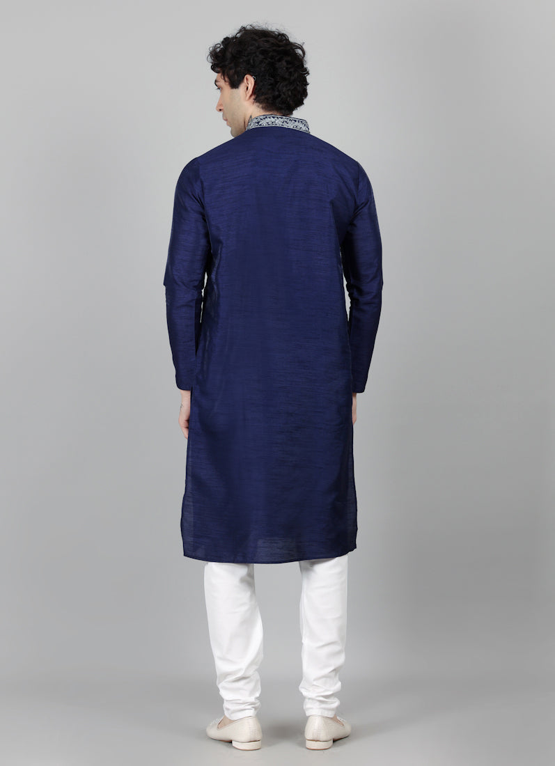 Men's Navy Blue Silver Zari Embroidered Pajama Set