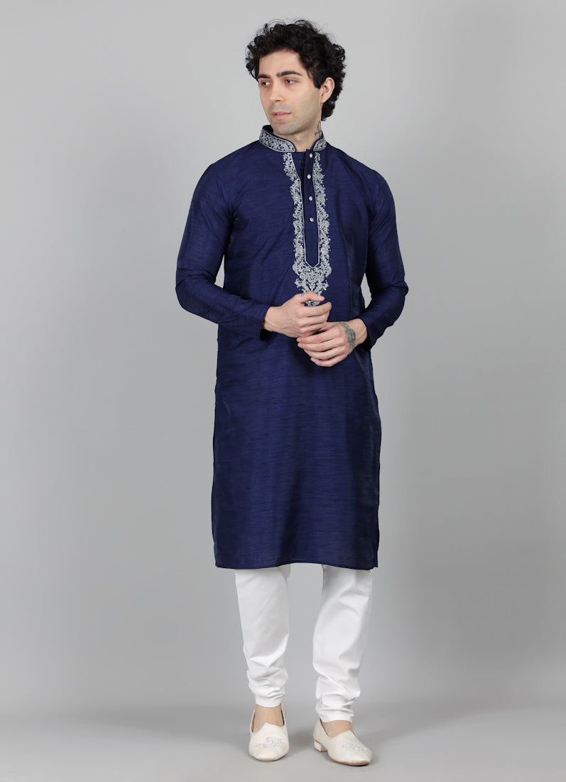 Men's Navy Blue Silver Zari Embroidered Pajama Set