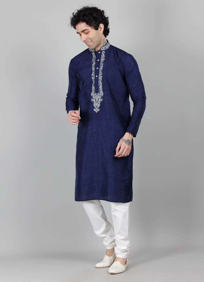 Men's Navy Blue Silver Zari Embroidered Pajama Set