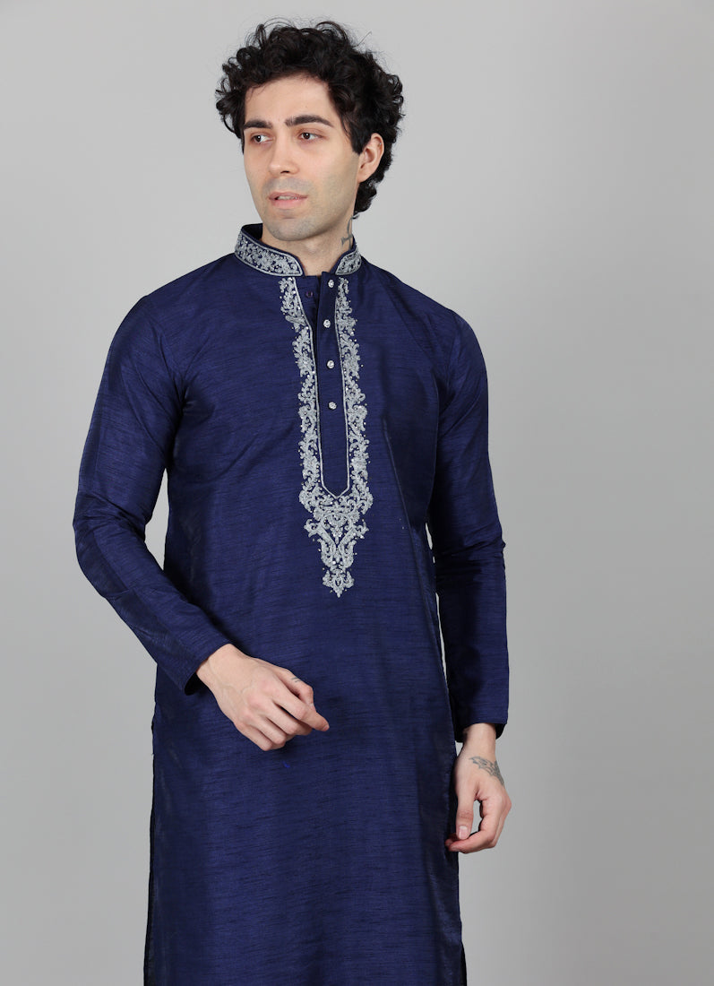 Men's Navy Blue Silver Zari Embroidered Pajama Set