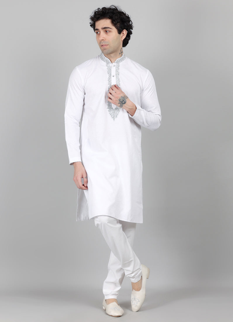 Men's White Resham Brocade Embroidered Set