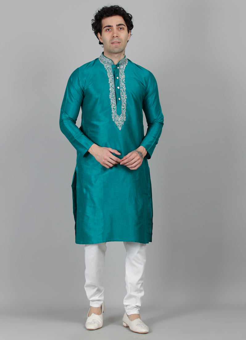 Men's Green Zari Embroidered Kurta Payjama Set