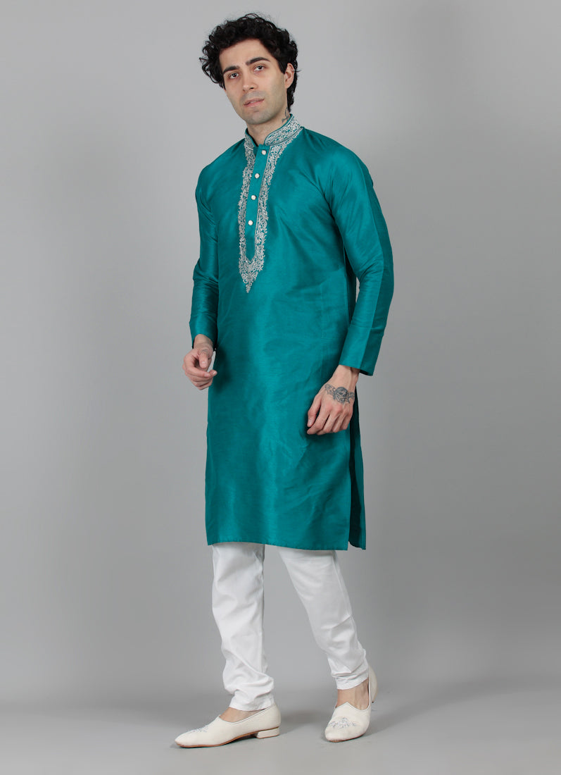 Men's Green Zari Embroidered Kurta Payjama Set