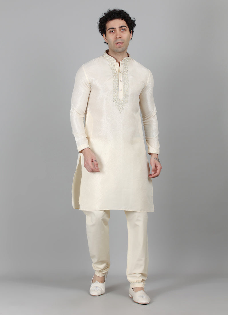 Men's Cream Resham Brocade Zari Embroidered Set