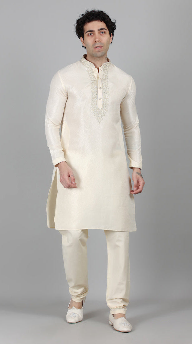 Men's Cream Resham Brocade Zari Embroidered Set
