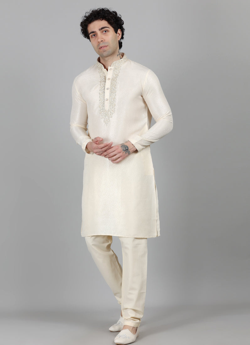Men's Cream Resham Brocade Zari Embroidered Set