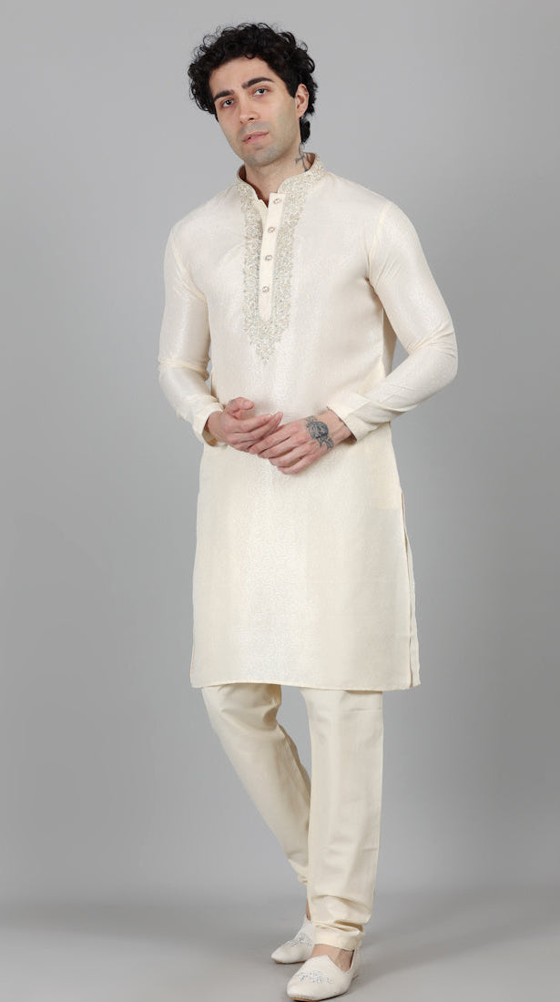 Men's Cream Resham Brocade Zari Embroidered Set