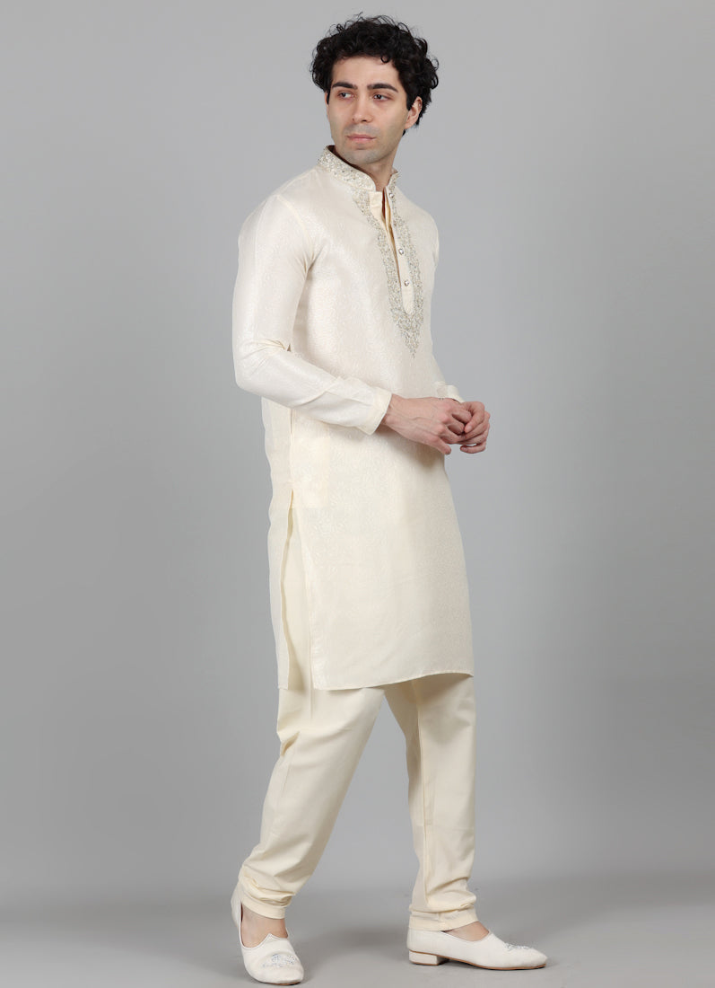 Men's Cream Resham Brocade Zari Embroidered Set