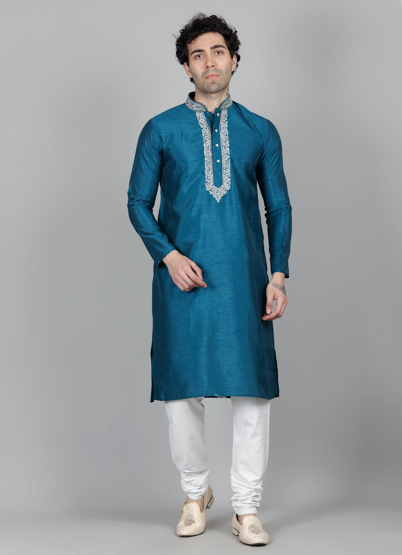 Men's Turquoise Blue Zari Embroidered Kurta Payjama Set