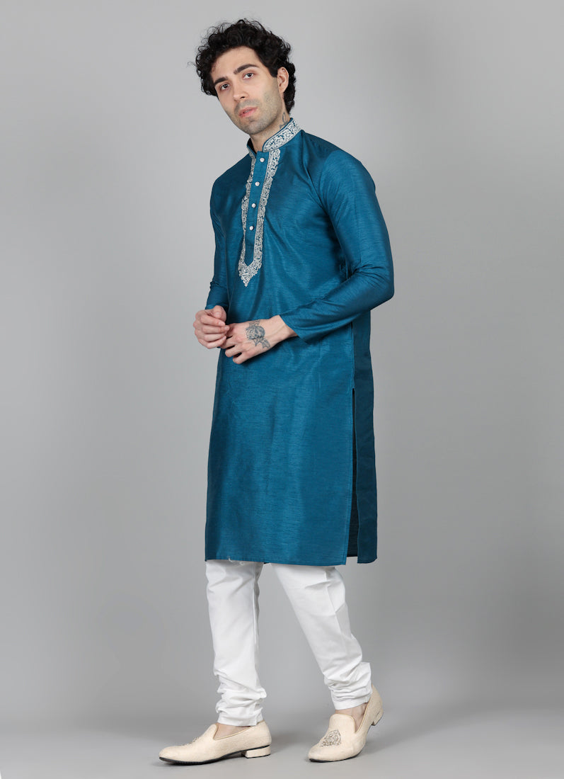 Men's Turquoise Blue Zari Embroidered Kurta Payjama Set