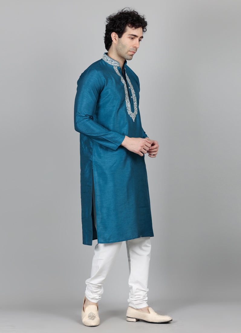Men's Turquoise Blue Zari Embroidered Kurta Payjama Set