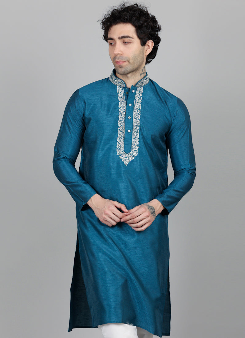 Men's Turquoise Blue Zari Embroidered Kurta Payjama Set