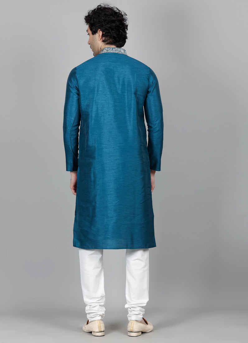 Men's Turquoise Blue Zari Embroidered Kurta Payjama Set