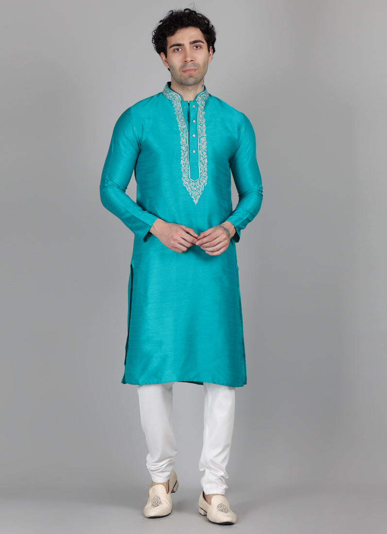 Men's Sea Green Zari Embroidered Kurta Payjama Set