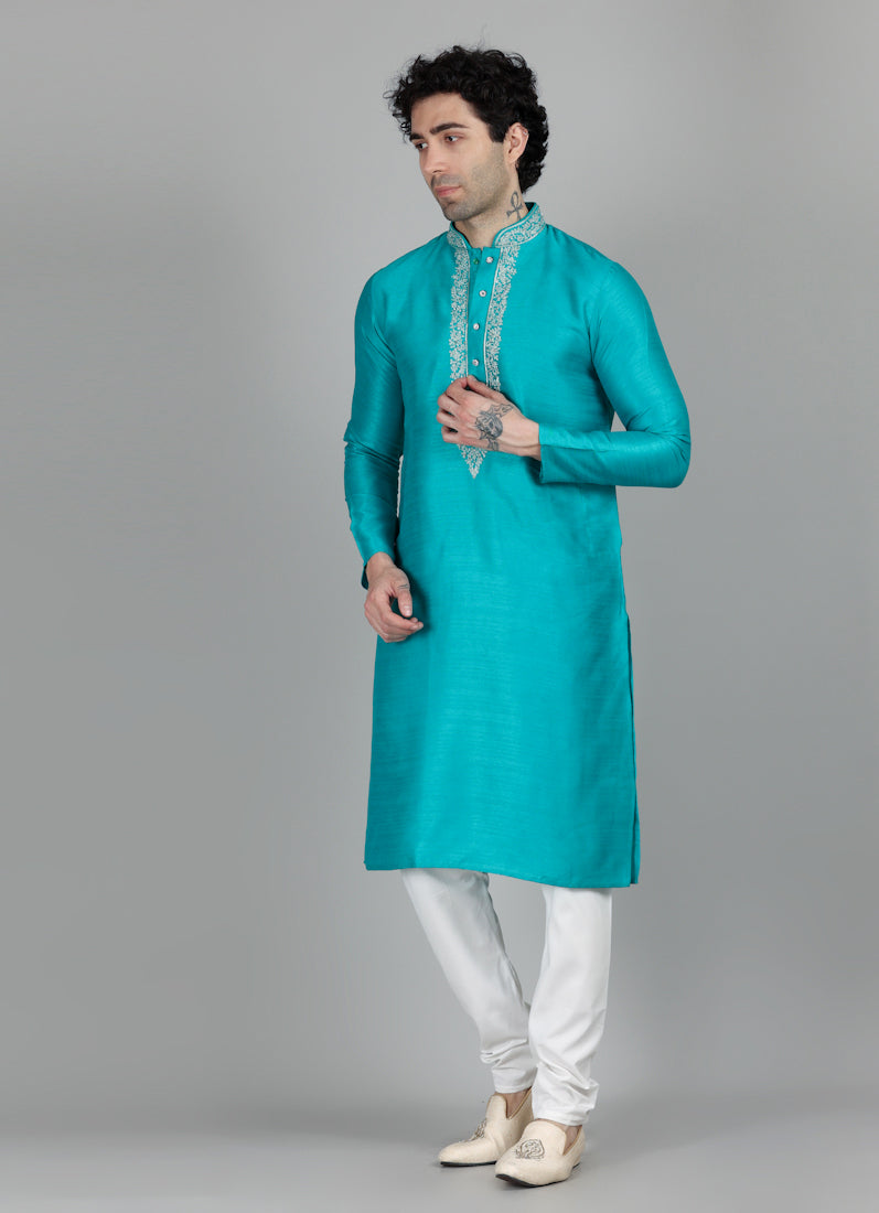 Men's Sea Green Zari Embroidered Kurta Payjama Set