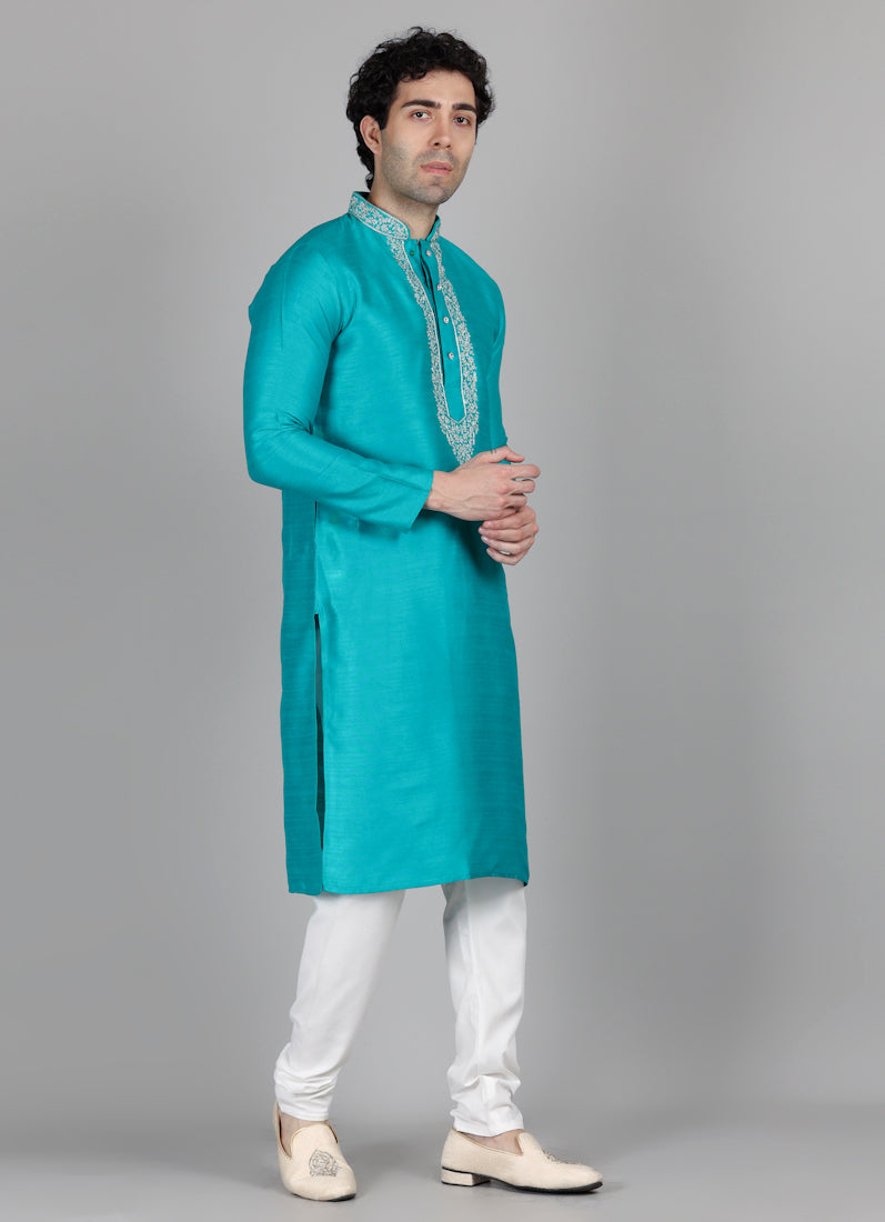 Men's Sea Green Zari Embroidered Kurta Payjama Set