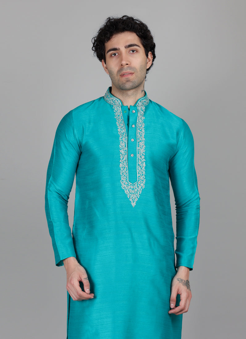 Men's Sea Green Zari Embroidered Kurta Payjama Set