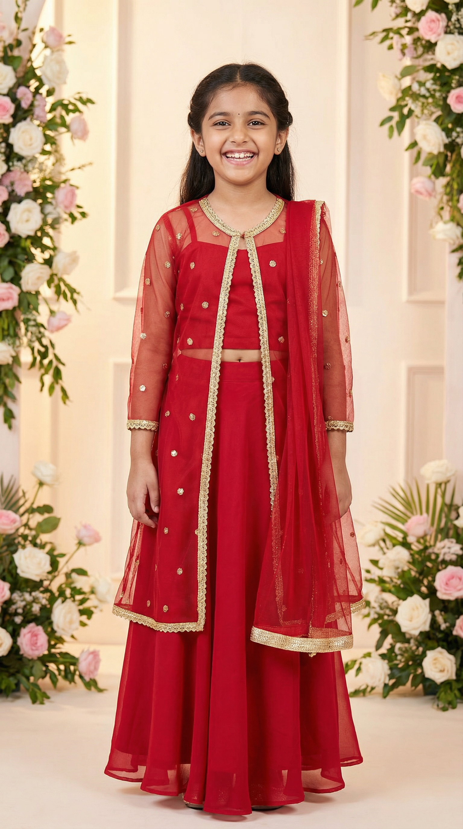 Kids Red Embroidered Jacket Lehenga Set