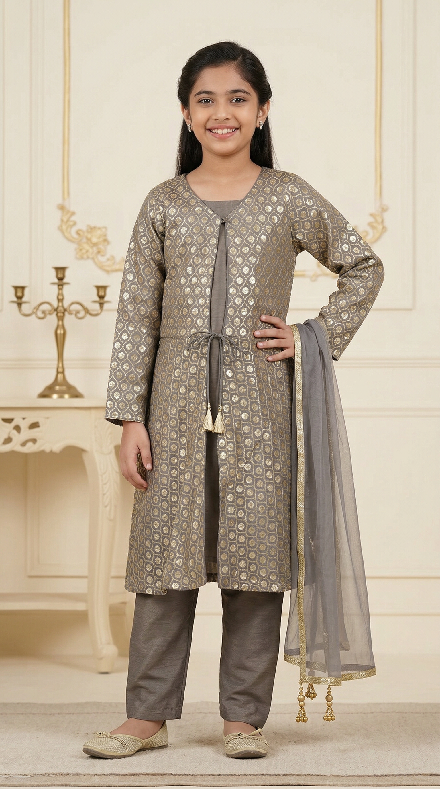 Girls grey sequined jacket suit with dupion inner, trousers and chiffon dupatta with gold embroidered border.