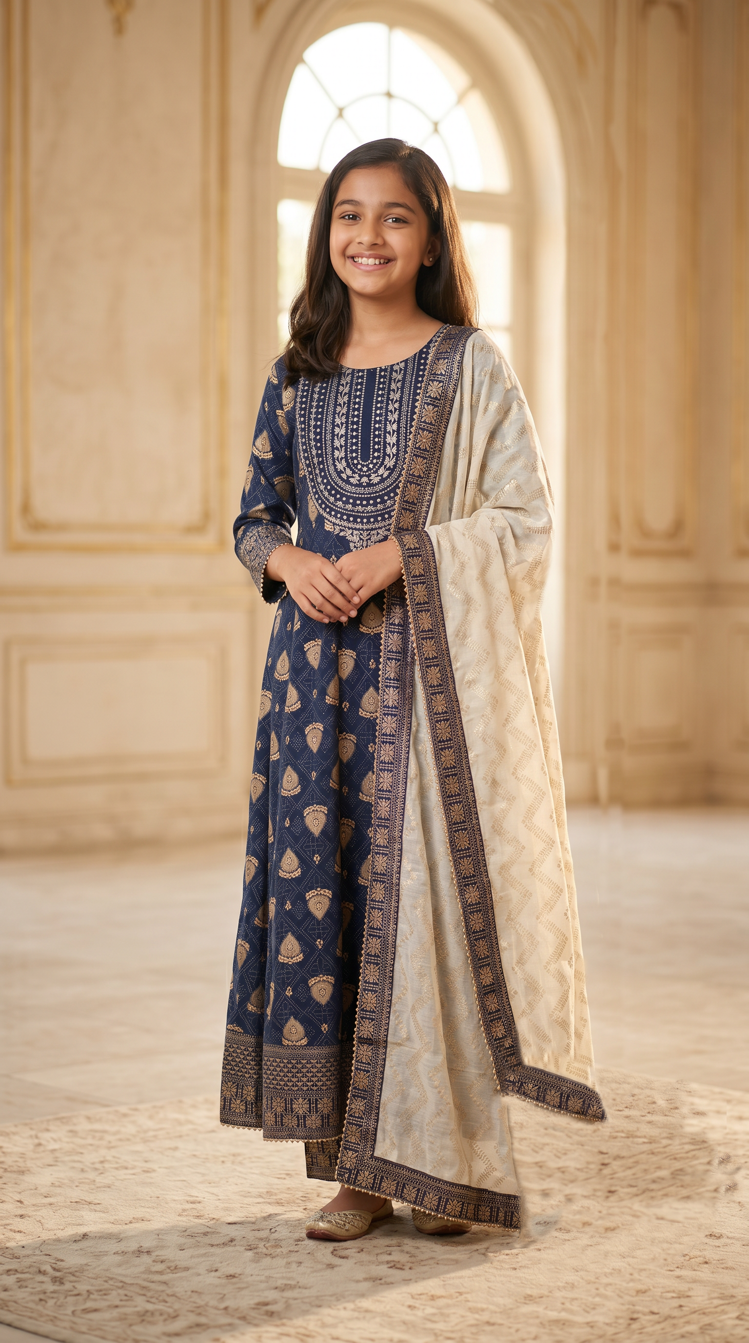 Girls Navy Rayon Anarkali Suit Set