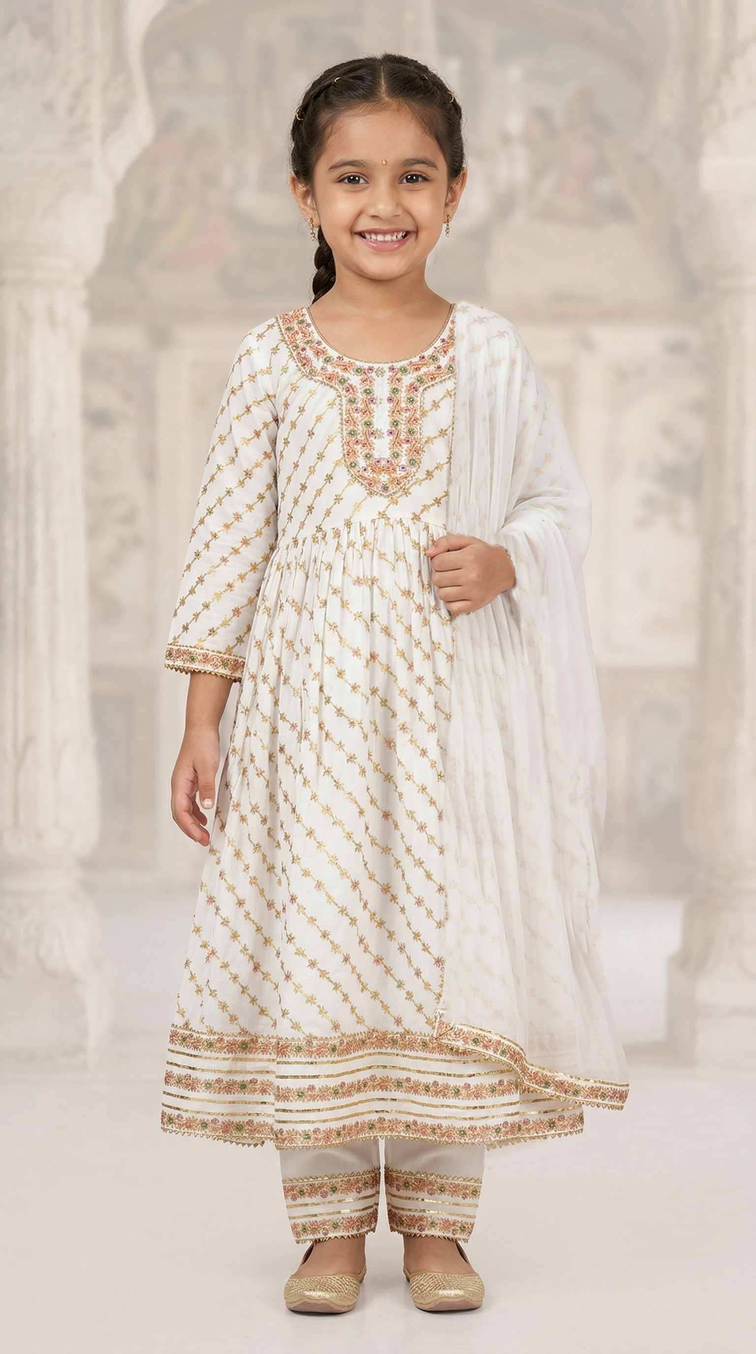 White Gold Foil Dress Set for Girls