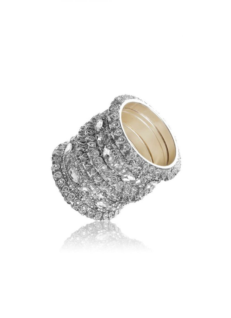 Silver Intricate Diamonte Bangle Set