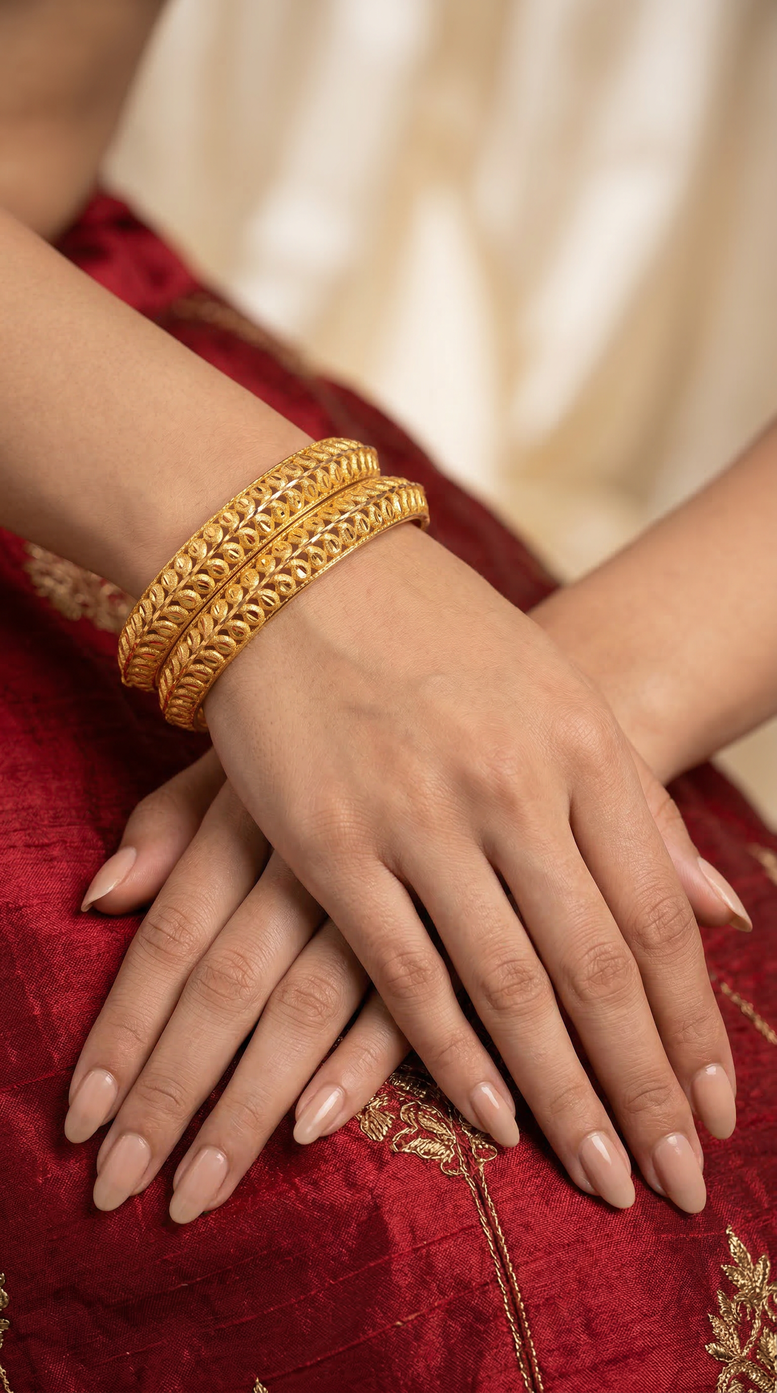 Pair of Ambi Leaf Gold Kara Set – Traditional Gold Bangles for Women