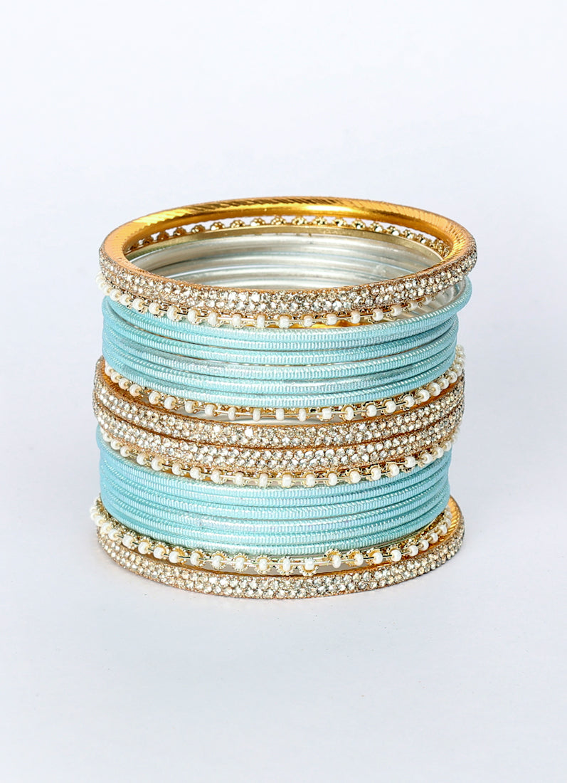 Light Blue Diamonte Pearl Bangles Set