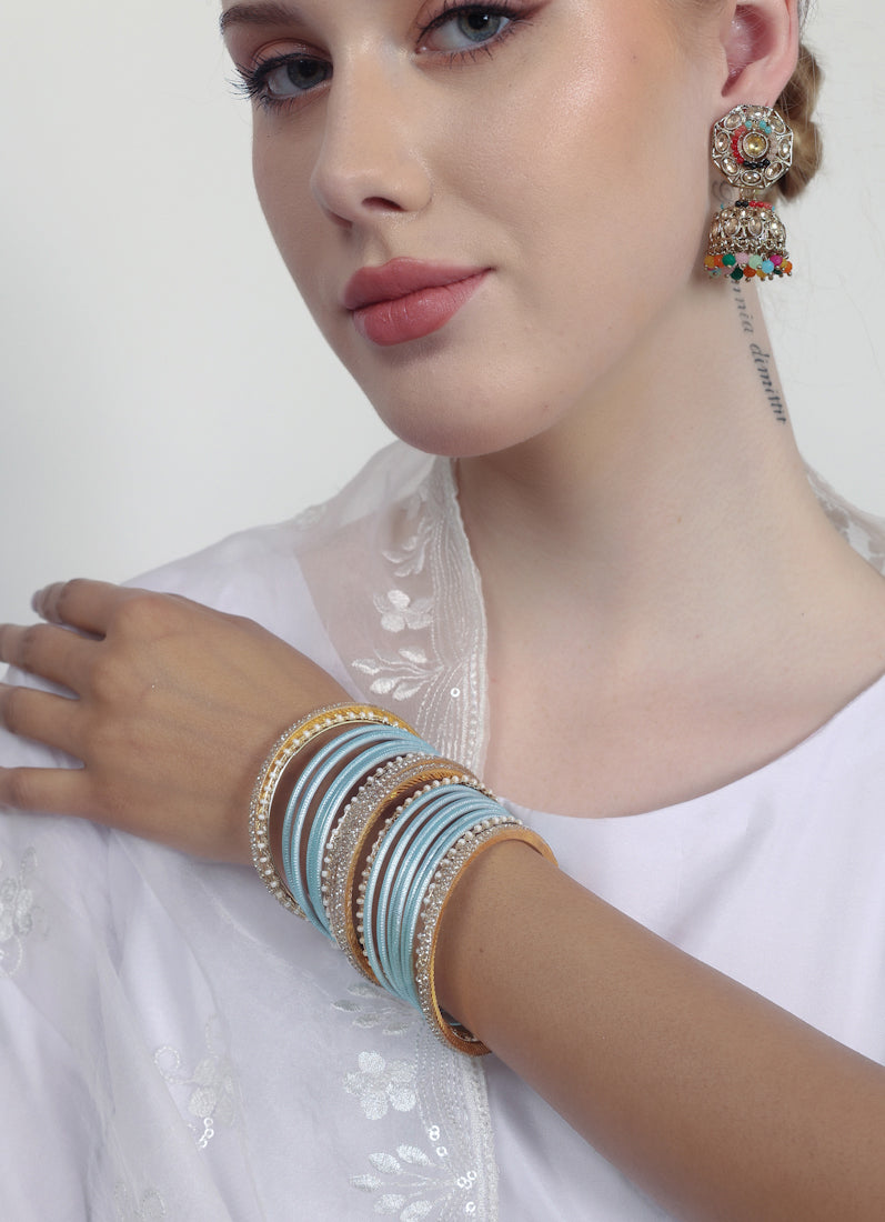 Light Blue Diamonte Pearl Bangles Set