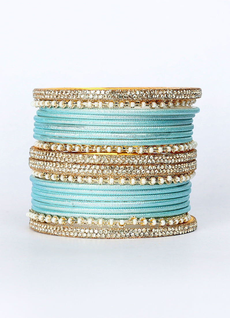 Light Blue Diamonte Pearl Bangles Set