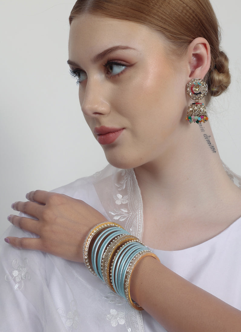 Light Blue Diamonte Pearl Bangles Set