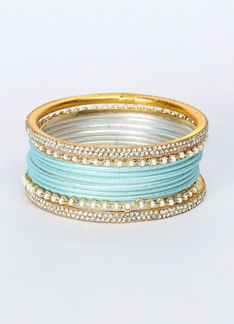 Light Blue Diamonte Pearl Bangles Set