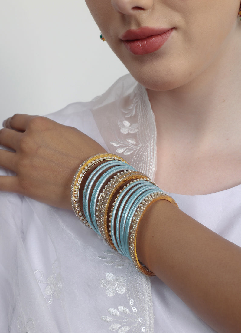 Light Blue Diamonte Pearl Bangles Set