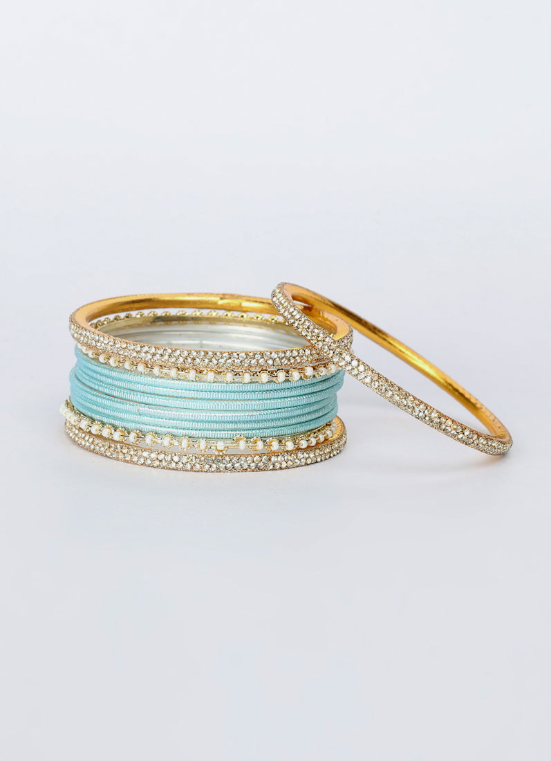 Light Blue Diamonte Pearl Bangles Set