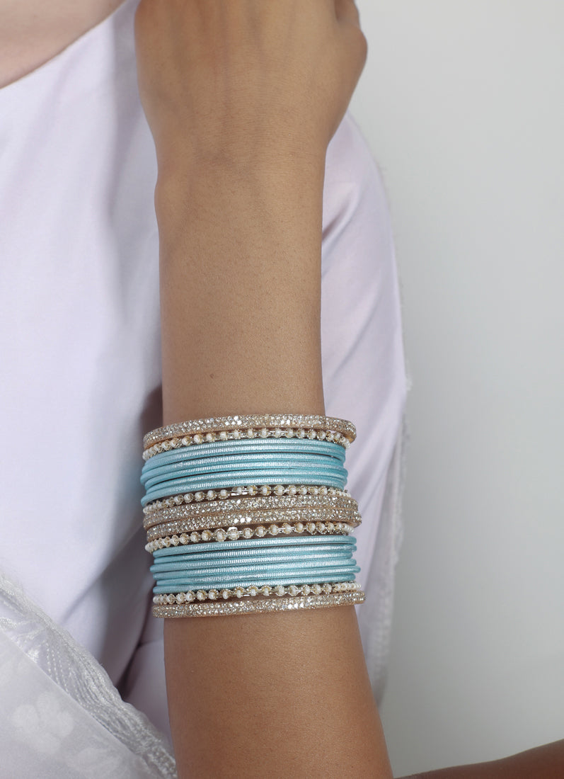 Light Blue Diamonte Pearl Bangles Set