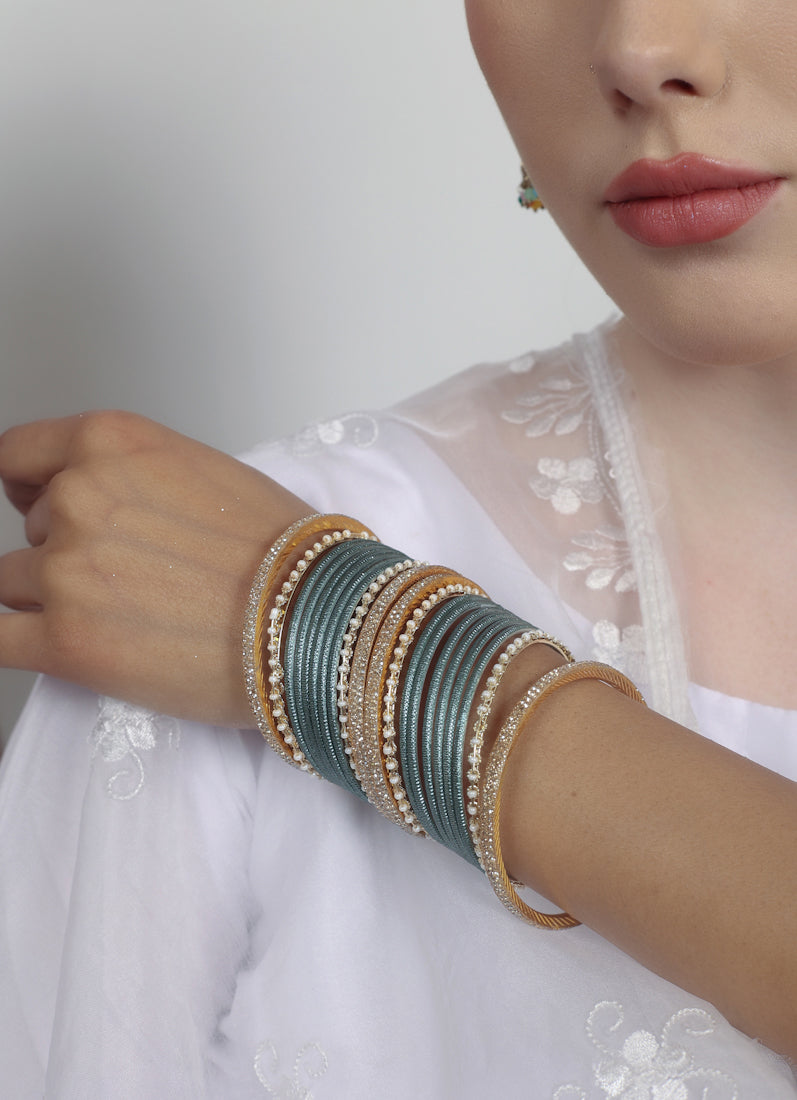 Teal Diamonte Pearl Bangles Set