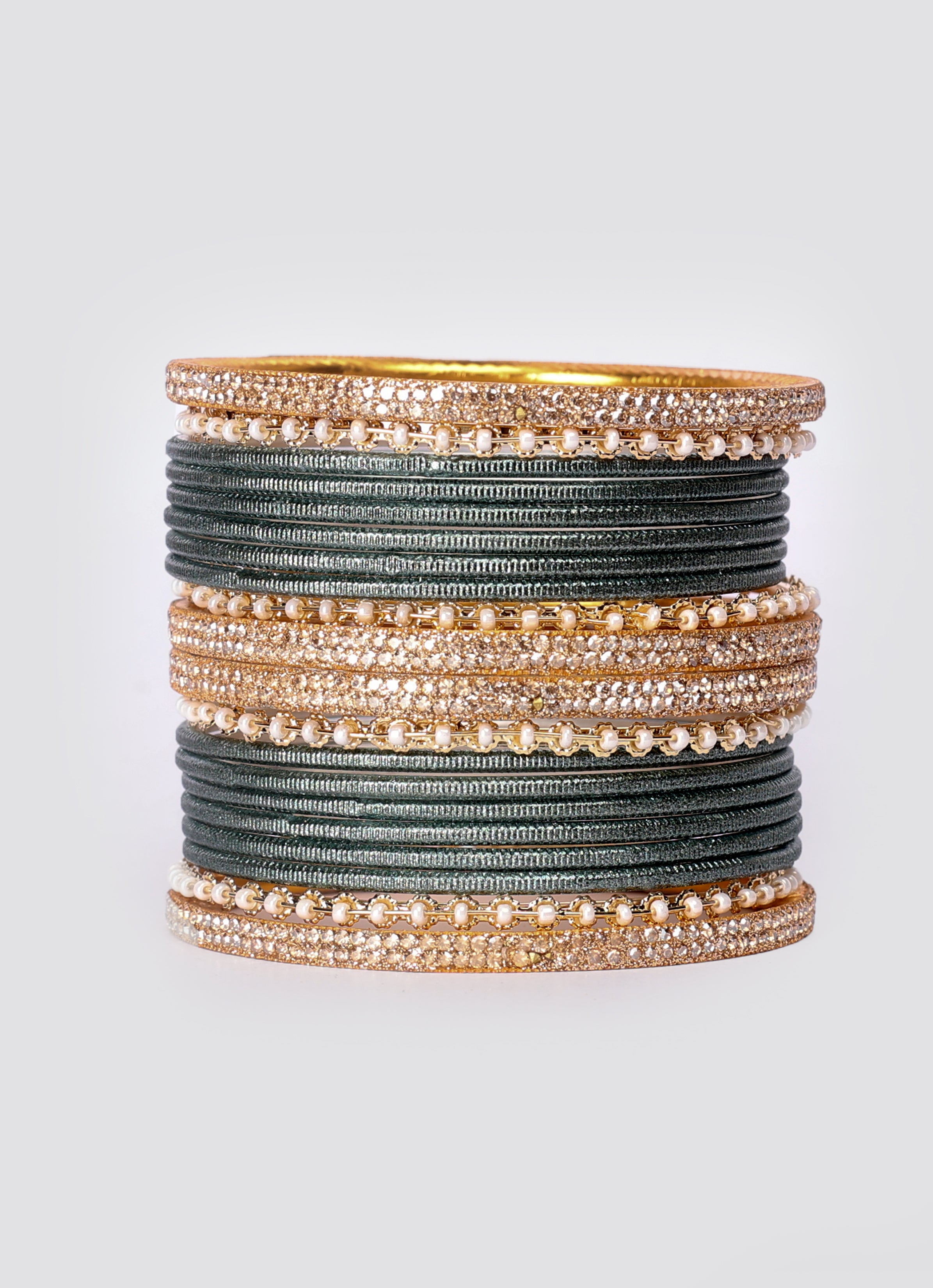 Teal Diamonte Pearl Bangles Set