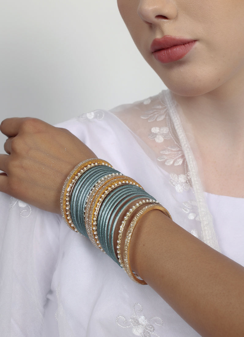 Teal Diamonte Pearl Bangles Set