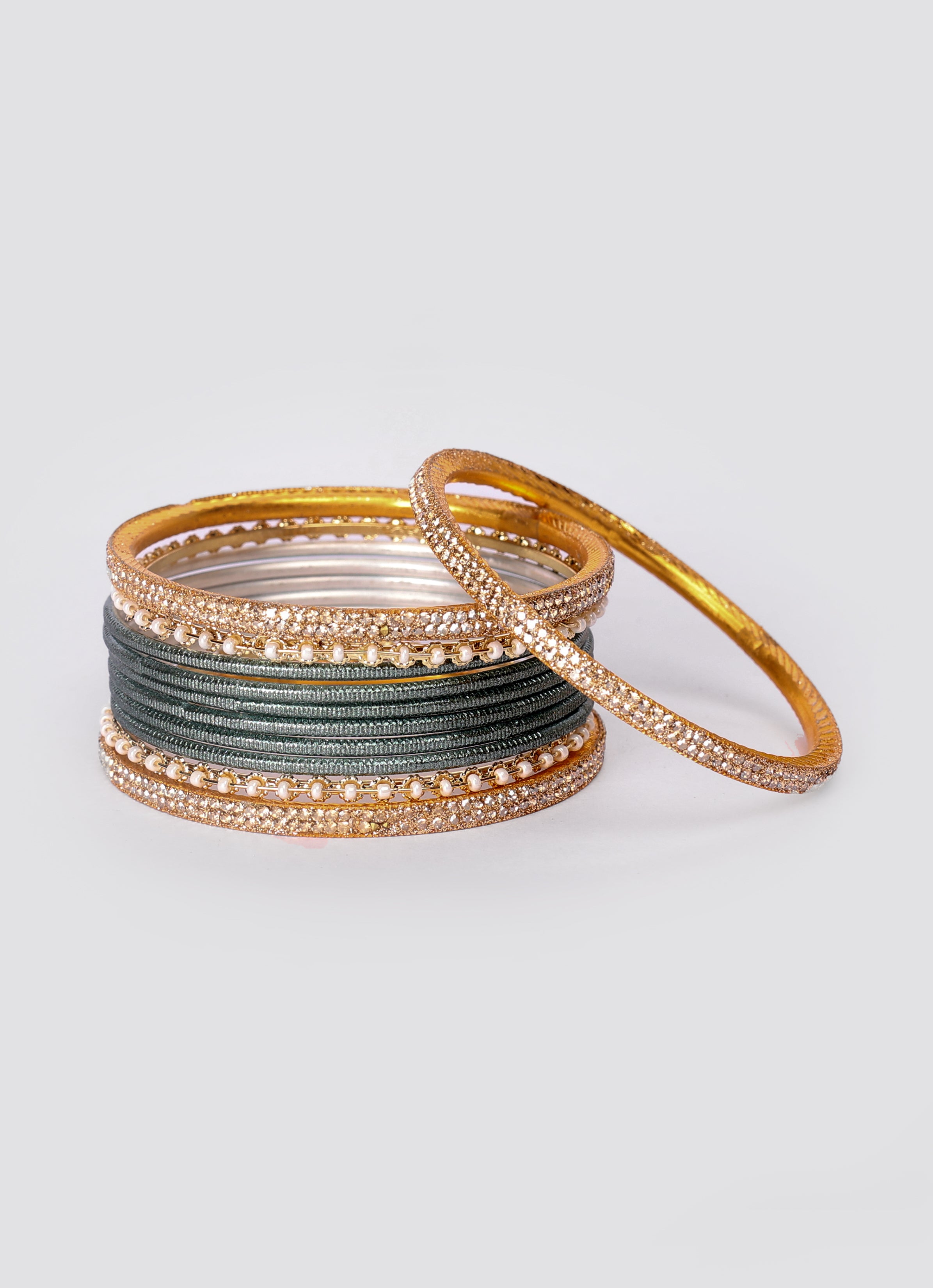 Teal Diamonte Pearl Bangles Set