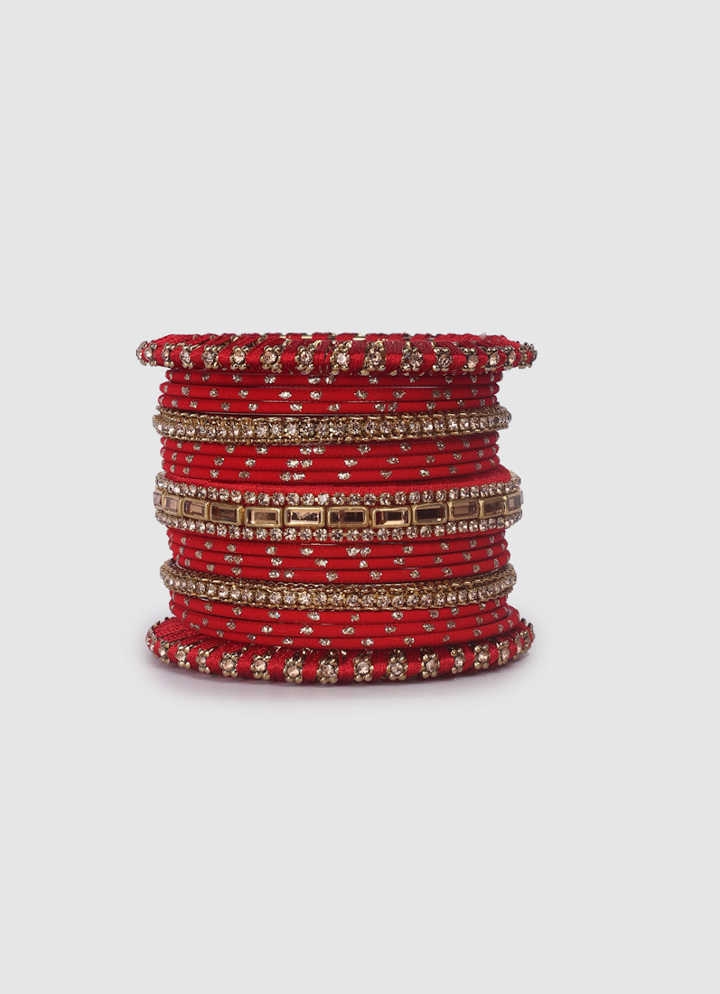 Red Threadwork Bangle Set with Gold Diamonte – Bridal Jewellery