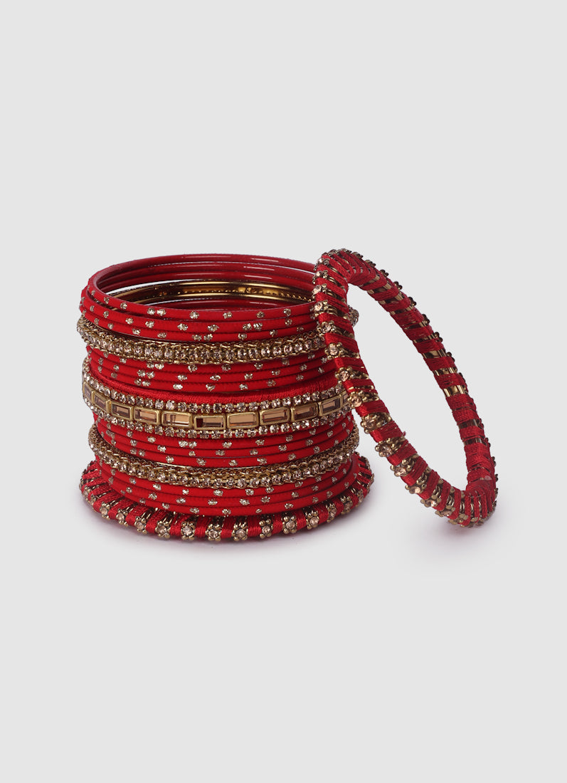 Red Threadwork Bangle Set with Gold Diamonte – Bridal Jewellery