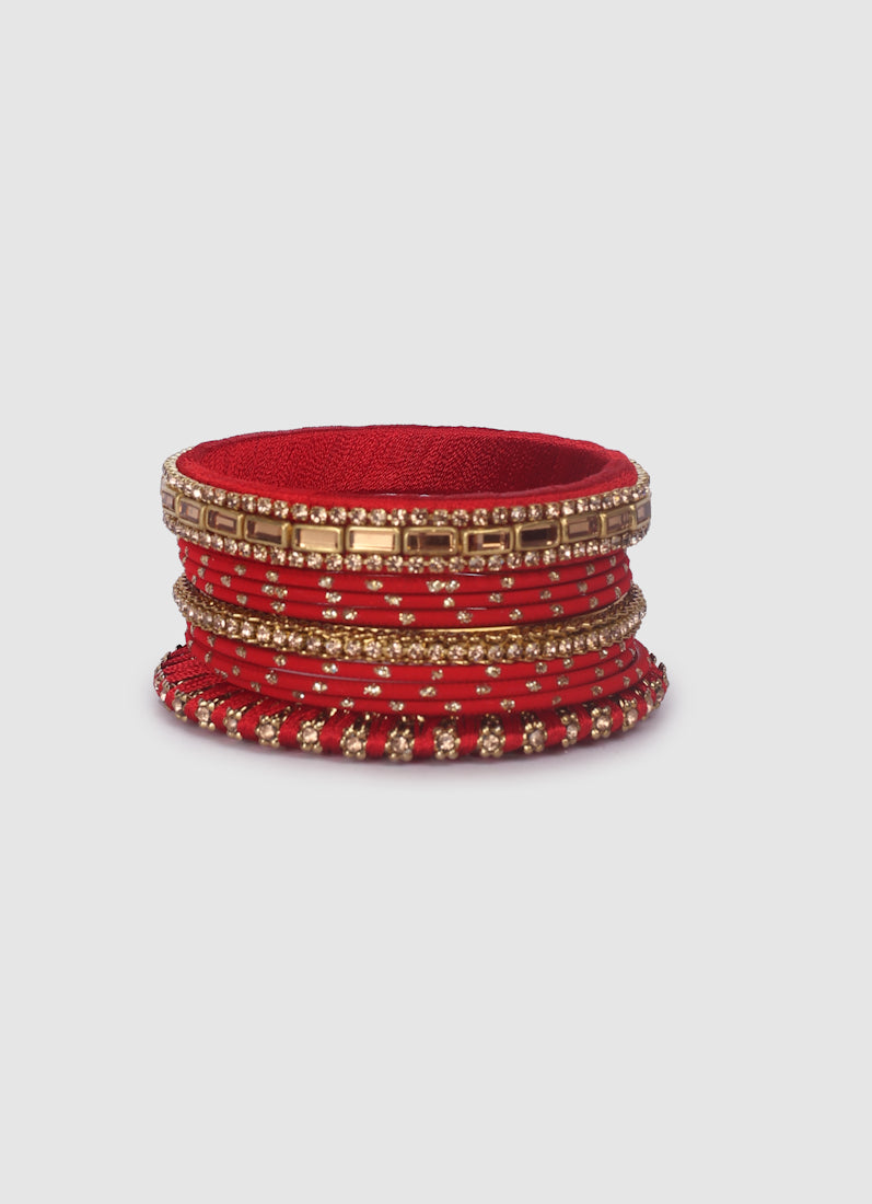 Red Threadwork Bangle Set with Gold Diamonte – Bridal Jewellery