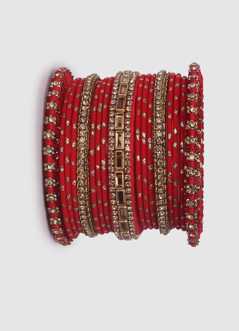Red Threadwork Bangle Set with Gold Diamonte – Bridal Jewellery